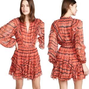ULLA JOHNSON Aberdeen Silk Ruffle Mini Dress in Orange Chili Tie Dye Size 2